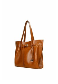 Torebka tote w kolorze brązowym, o zorganizowanym kształcie, z detale w postaci klamry, dwiema długimi rączkami oraz ozdobnym breloczkiem. Gładka tekstura, minimalistyczny design.