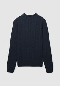 Maglione lavorato a maglia blu navy con un motivo a trecce testurizzate, dotato di scollo rotondo e polsini e orlo a coste. Vista posteriore mostrata.