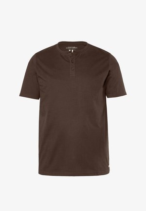 Brązowa koszula z krótkim rękawem o okrągłym dekolcie i trzema guzikami. Wykonana z miękkiego materiału, ma prosty krój i subtelne detale szwów.