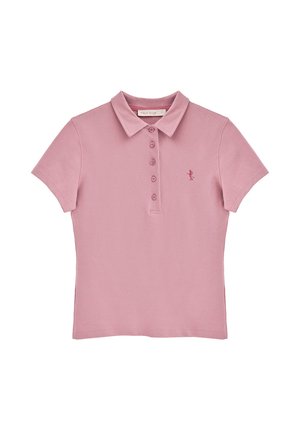 Camisa polo rosa de algodón con cuello, mangas cortas y tapeta de tres botones. Presenta un pequeño logo bordado en el pecho.