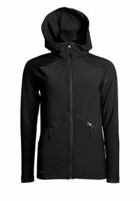 Svart zip-up hoodie med en figursydd design, två fickor fram med dragkedja och en huva. Tillverkad av ett mjukt, andningsbart material.