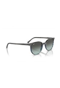Occhiali da sole con una montatura trasparente grigia e blu a motivo, lenti grigie sfumate e aste sottili con il logo Ray-Ban.