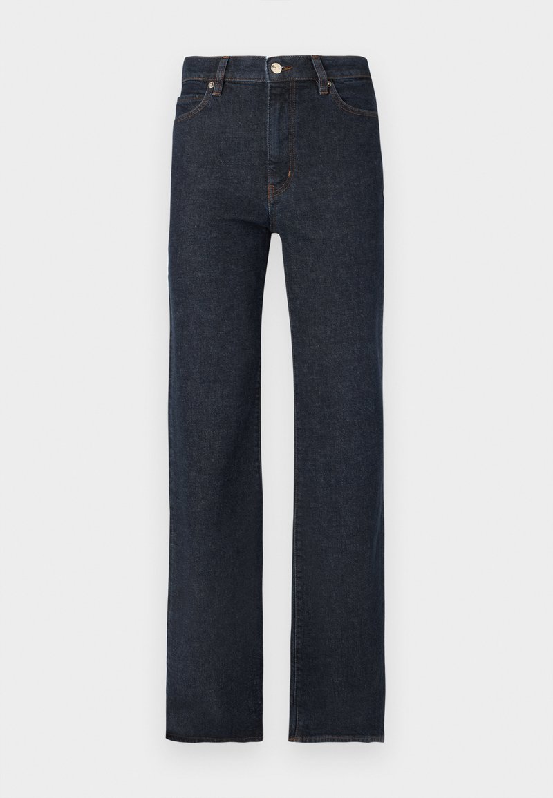 Dunkelblaue Jeans mit geradem Bein, Fünf-Taschen-Stil und klassischem Knopfverschluss. Dezente Nahtakzente entlang der Nähte.
