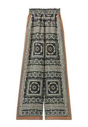 Pantalones de pierna ancha con estampado y cintura fruncida, que presentan una mezcla de verde, azul marino, beige y marrón en diseños geométricos.