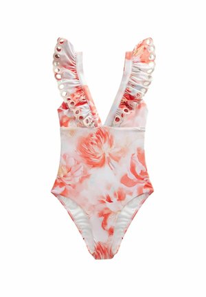 FRILL PLUNGE TUMMY CONTROL - Uimapuku - coral pink floral