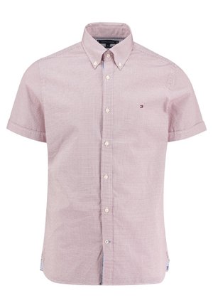 Chemise rose clair à manches courtes avec boutons, col boutonné et petit logo sur le côté gauche de la poitrine.