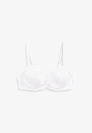 Valge pitsist rinnahoidja, millel on polsterdatud tassid lillemotiividega, reguleeritavad rihmad ja kinnitamine seljaosas. Sile kangas.