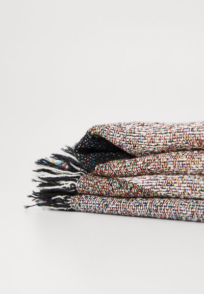 Multicolored woven blanket featuring a textured pattern with frayed black and white edges, folded neatly with visible stitching details.