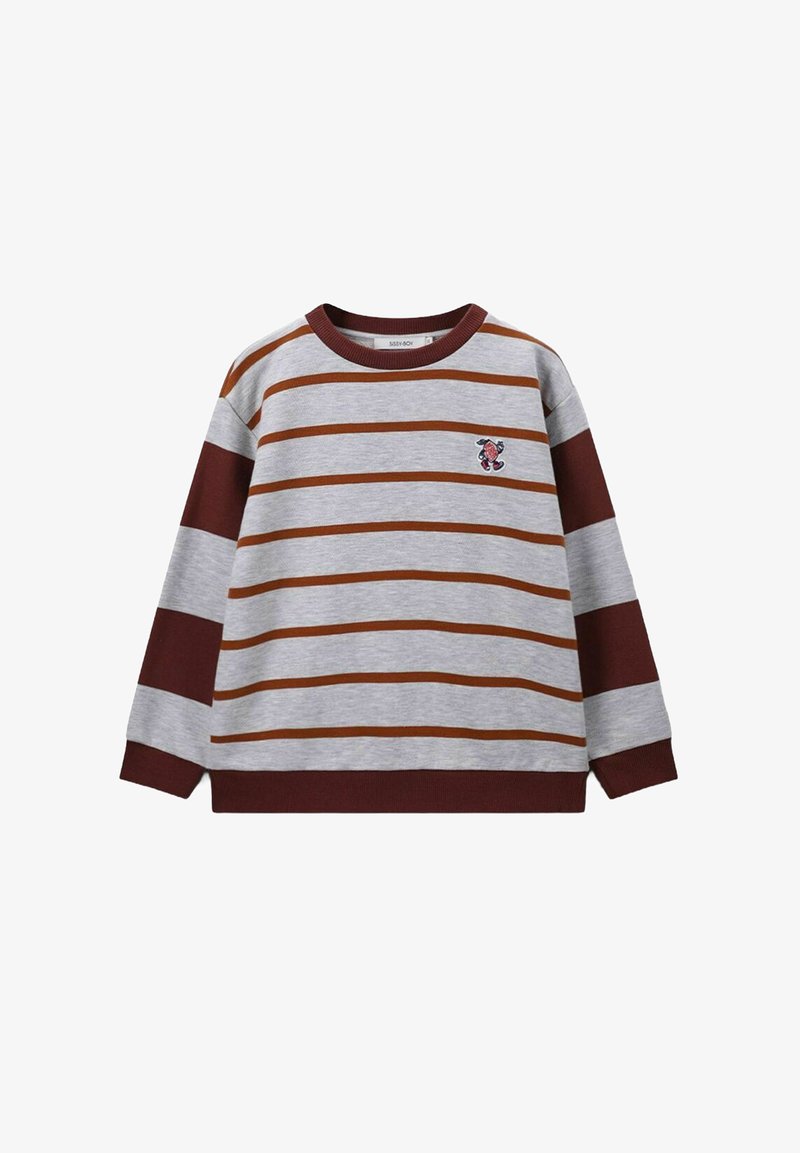 Sweatshirt rayé en gris, bordeaux et orange. Il présente des manches longues, un col rond et un personnage brodé sur la poitrine.