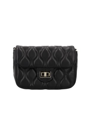 Zwarte gewatteerde leren handtas met een rechthoekige vorm, voorzien van een gouden sluiting en een getextureerd golfpatroon op de buitenkant.