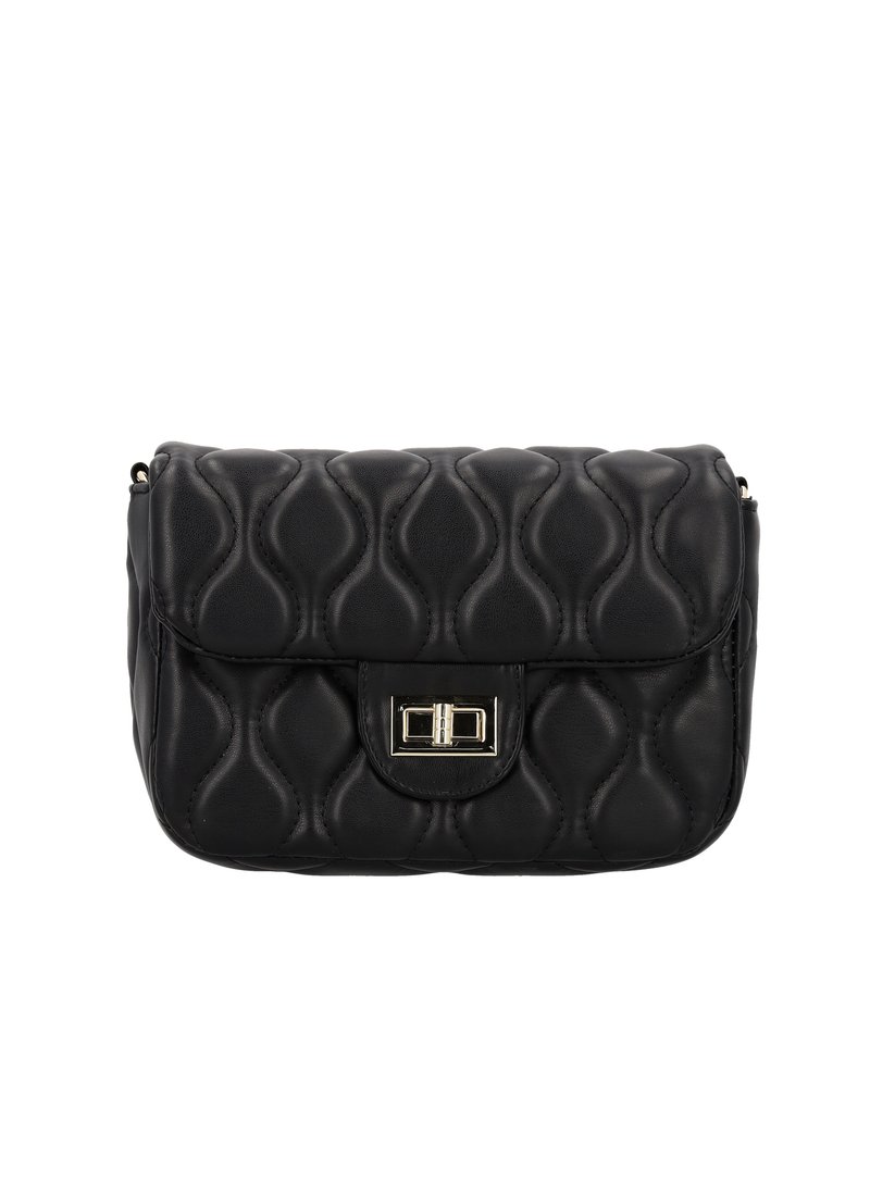 Bolso de mano de piel acolchada negra con forma rectangular, que presenta un cierre en tono dorado y un patrón de olas texturizado en el exterior.