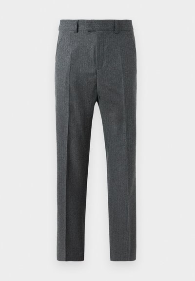 Šedé elegantné nohavice s jemným kontrolným vzorom, rovným strihom a hladkou textúrou látky. Obsahuje pútka na opasok a zips.
