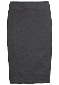 Jupe droite gris foncé mi-longue avec un design simple et une taille ajustée.