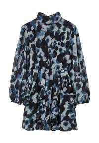 Langärmliges Mini-Kleid mit hohem Kragen, blauem und schwarzem abstraktem Leopardenmuster und geschichteten Rüschendetails am Rock und Oberteil.