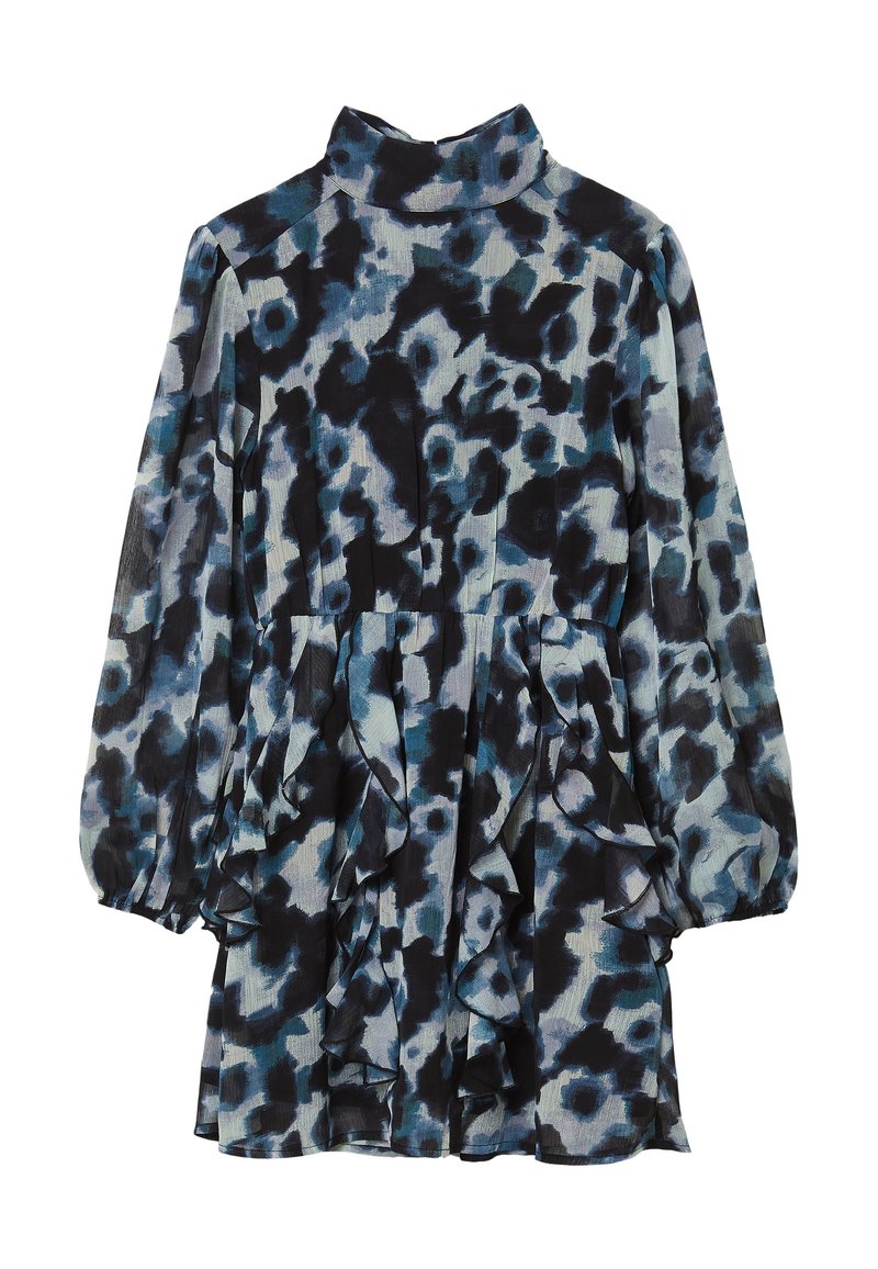 Langärmliges Mini-Kleid mit hohem Kragen, blauem und schwarzem abstraktem Leopardenmuster und geschichteten Rüschendetails am Rock und Oberteil.