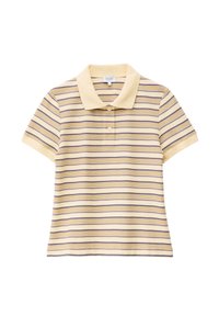 Polo à manches courtes avec des rayures horizontales beige, jaune et violette et deux boutons sous le col.