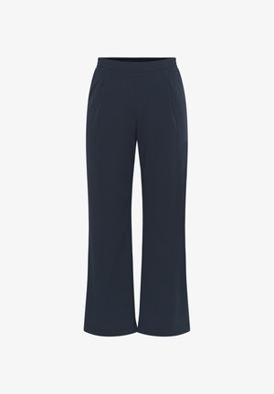Temno modre široke hlače z visokim pasom in sprednjimi stranskimi žepi, izdelane iz gladkega, lahkega materiala.