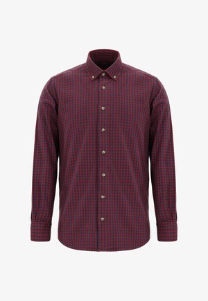 Rood en marineblauw geruit overhemd met lange mouwen en een button-down kraag, voorzien van een afgeronde zoom en bruine knopen aan de voorkant. Gemaakt van een katoenmix.