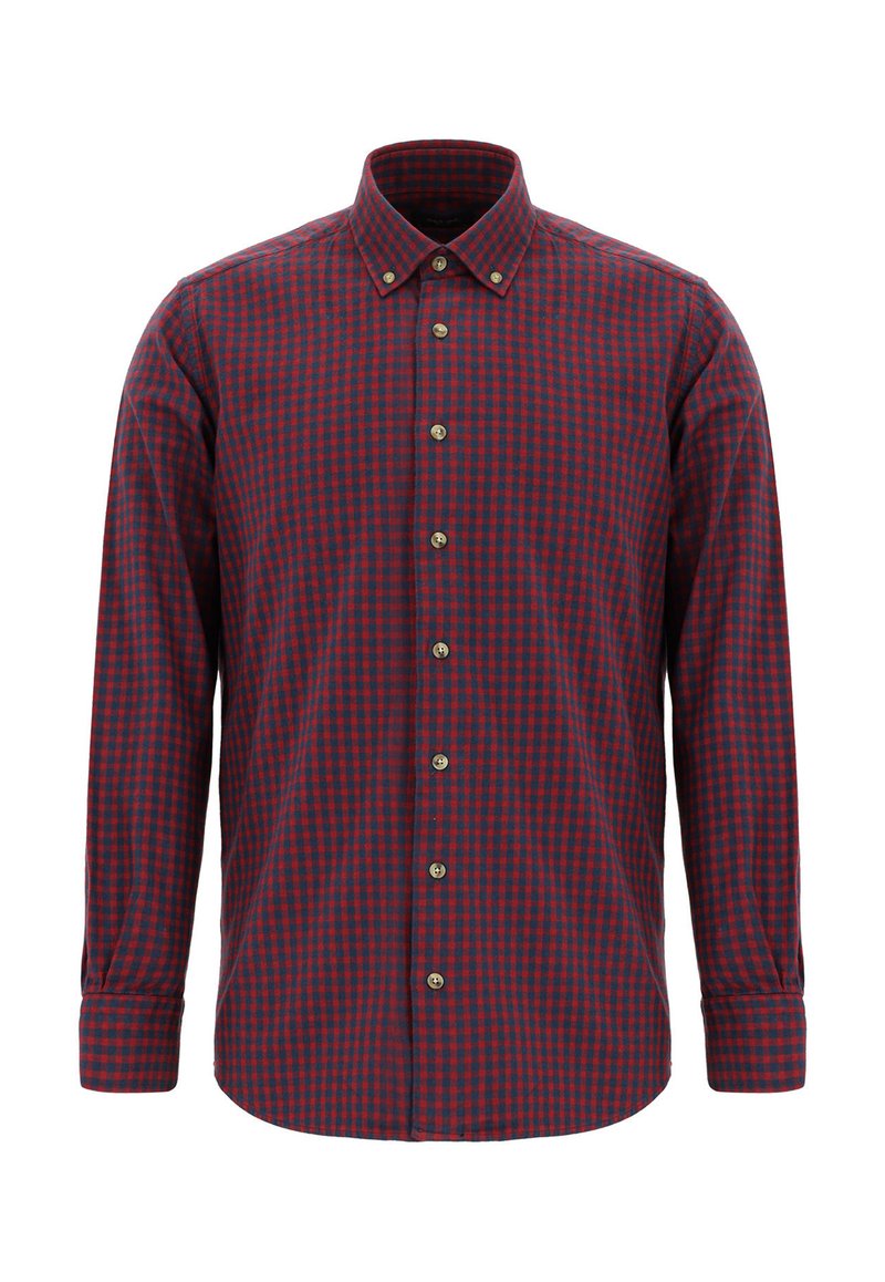 Czerwona i granatowa koszula w kratę z długim rękawem i kołnierzykiem na guziki, z zaokrąglonym dołem i beżowymi guzikami z przodu. Materiał z mieszanki bawełny.