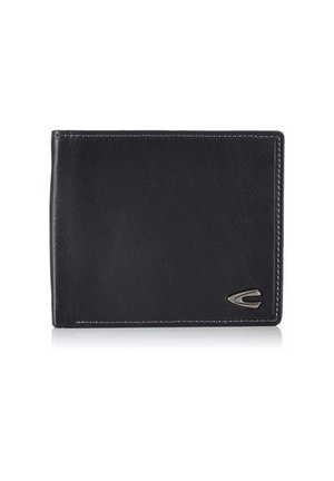 Schwarze Lederbörse mit elegantem Design, kontrastierenden weißen Nähten und einem silbernen Logoakzent auf der Vorderseite. Flache und rechteckige Form.