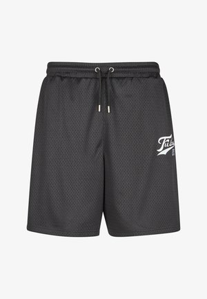 Melnas šūnu sporta bikses ar elastīgu jostasvietu, aukliņu un baltu logo kreisajā pusē. Elpojoša auduma un parasta piegriezuma.