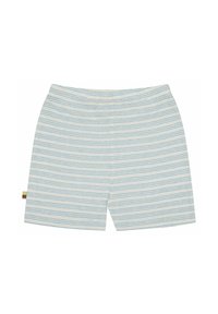 Katoenen shorts met een witte achtergrond en lichtblauwe horizontale strepen. Elastische tailleband met een klein meerkleurig label aan de zijkant.