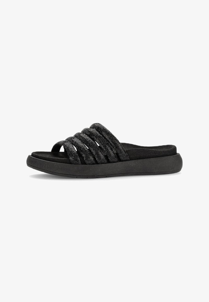 Sandale noire à enfiler avec semelle épaisse et rembourrée et cinq brides en tissu texturé sur le dessus pour un bon maintien et un confort du pied.