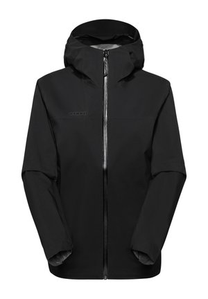 Schwarze wasserdichte Kapuzenjacke mit Frontreißverschluss, langen Ärmeln und Mammut-Logo auf der Brust.