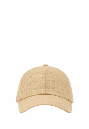 Casquette de baseball beige tissée avec visière courbée et bouton supérieur, design en tissu texturé sans couture.