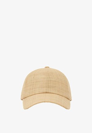 Casquette de baseball beige tissée avec visière courbée et bouton supérieur, design en tissu texturé sans couture.