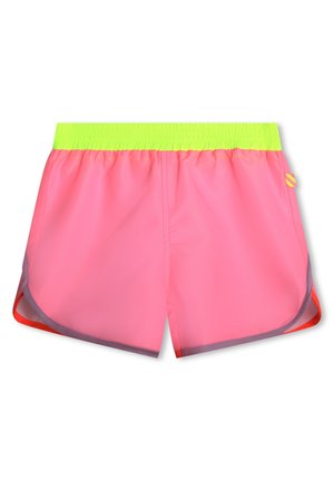 Shorts de sport roses avec une taille élastique vert fluo. Présentent des accents gris et orange le long de l'ourlet et des fentes sur les côtés pour plus de mobilité.