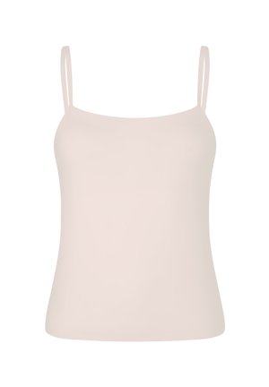Beige sleeveless camisole with thin shoulder straps and a straight neckline, shown on a white background.