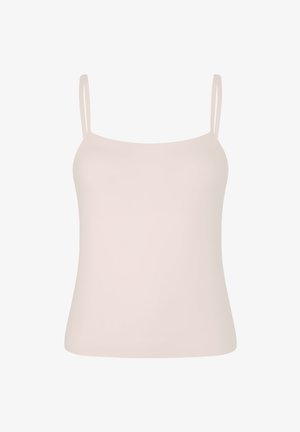Beige sleeveless camisole with thin shoulder straps and a straight neckline, shown on a white background.