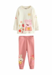 Lasten vapaa-ajan asusetti, joka sisältää vaalean kermaisen pitkähihainen paidan, jossa on Peppa Pig -teema ja kukkaishenkisiä kuvioita, sekä pinkit joustavat housut, joissa on pupugrafiikkaa.