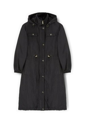 Black parka coat with a hood, drawstring waist, two front pockets, and snap buttons. Made from smooth, durable fabric with elastic cuffs.