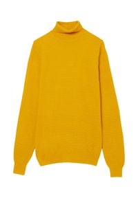 Gelber gestrickter Rollkragenpullover mit langen Ärmeln, der ein strukturiertes Muster sowie gerippte Bündchen und Saum aufweist.