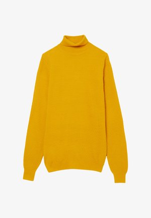 Yellow knitted turtleneck sweater with long sleeves, featuring a textured pattern and ribbed cuffs and hem.
