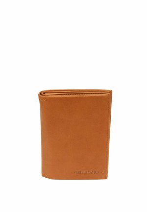 Portefeuille bifold en cuir marron avec coutures visibles et "ARTHUR & ASTON" embossé dans le coin inférieur droit.