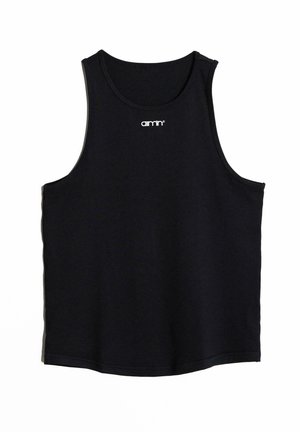 Débardeur noir sans manches en tissu lisse. Il présente un col rond et un petit logo blanc sur la poitrine. Design simple et sans embellissement.