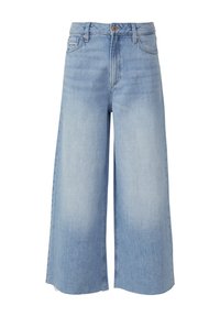 Hellblaue, weit geschnittene Denim-Culottes mit hoher Taille, ausgestattet mit einem Knopf- und Reißverschluss, Fronttaschen und rohen Saumkanten.