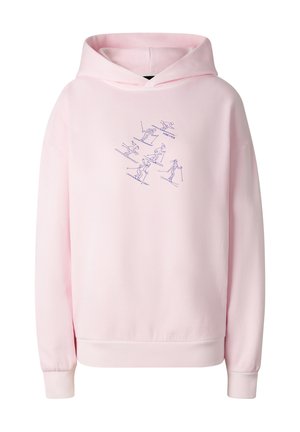 Lichtroze hoodie met blauwe lijntekening van zes skiërs in verschillende poses en de tekst "FIRE + ICE" middenvoor.