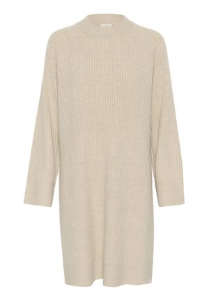 Beiges, geripptes Strickkleid mit hohem Hals und langen Ärmeln, mit lockerer Passform und weicher Textur.