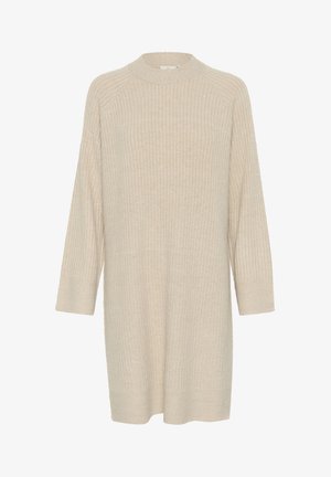Beige ribbed knit sweater dress with a high neckline and long sleeves, featuring a relaxed fit and soft texture.