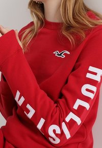 Felpa rossa in cotone con colletto a giro, caratterizzata da un piccolo logo sul petto e da grandi scritte bianche sulle maniche.