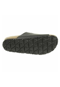 Černé nazouvací sandály s texturovanou gumovou podešví a korkovou stélkou. Podešev má trojúhelníkový vzor pro lepší přilnavost a odolnost.