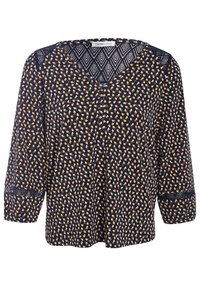 Navy blouse with a V-neck, patterned with yellow and white geometric shapes. It features three-quarter sleeves and textured accents on shoulders.