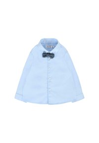 Camicia a maniche lunghe azzurro chiaro con bottoni, caratterizzata da un papillon intrecciato blu scuro al colletto. Tessuto morbido con una vestibilità classica e senza motivi.