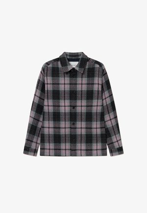 Koszula w kratę w kolorze czarnym, szarym i różowym. Zapięcie na guziki z kołnierzykiem. Wyposażona w teksturowany materiał i widoczne szwy.