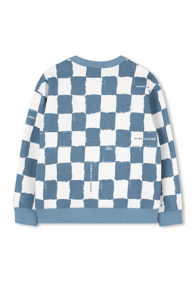 Sweatshirt à carreaux bleu et blanc avec un motif texturé, col rond et poignets côtelés. Porte la marque "MARC JACOBS" sur l'ourlet.