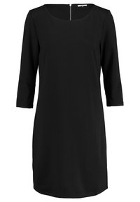 Robe noire longueur genou avec manches trois-quarts, col rond et fermeture éclair visible dans le dos.